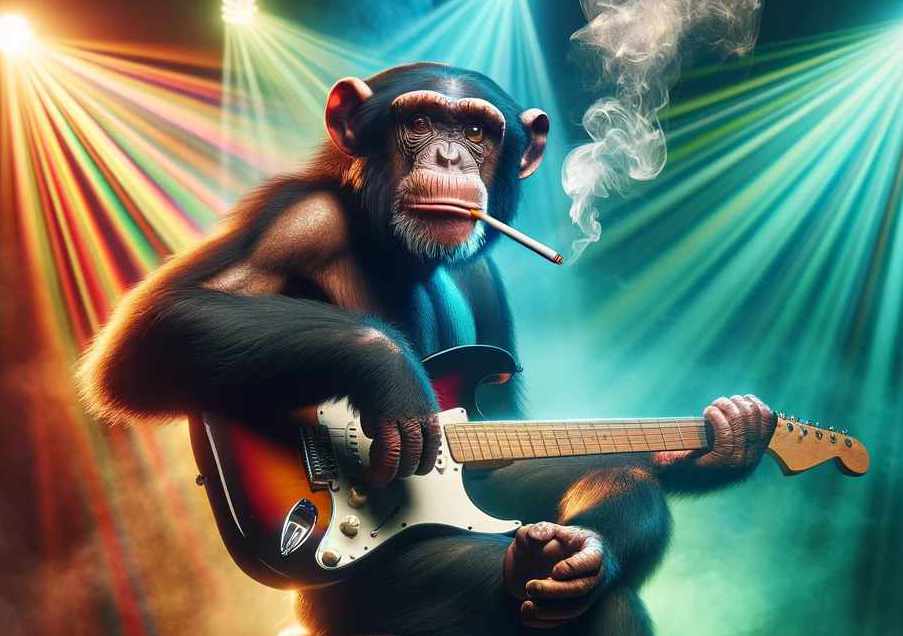 Schimpanse mit E-Gitarre