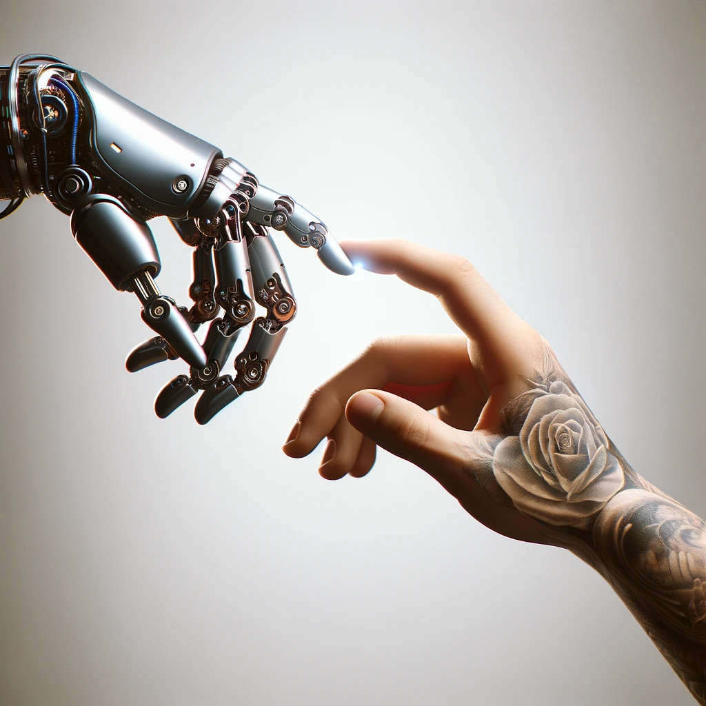 Roboterhand berührt Menschenhand