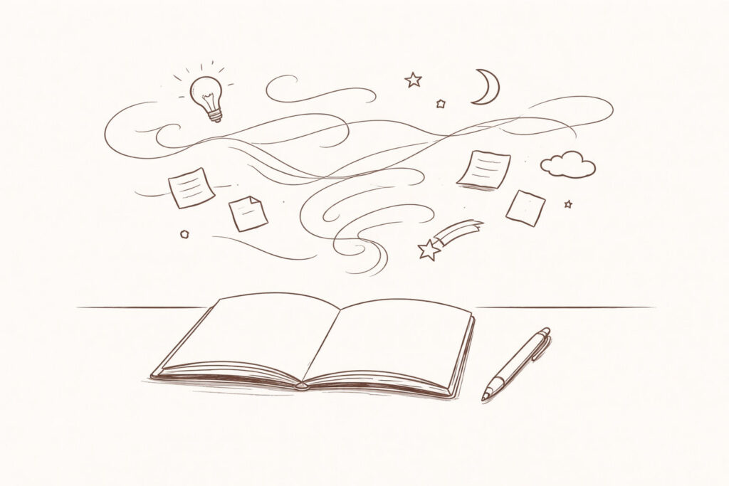 Handgezeichnete Skizze einer entstehenden Buchidee mit Blatt, Stift und lose angedeuteten Gedankenlinien