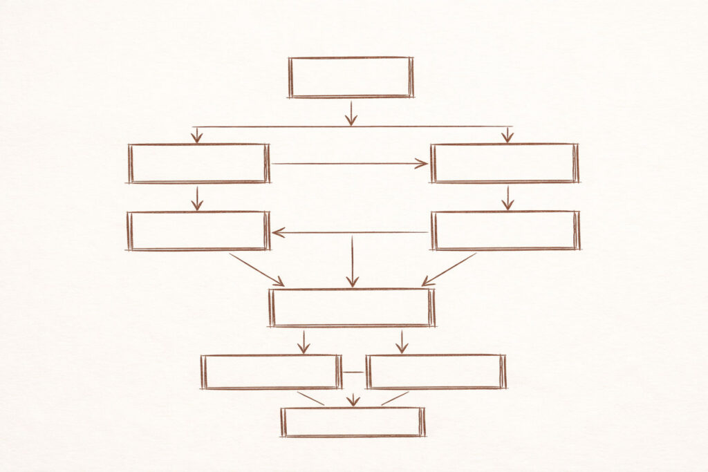 Handgezeichnete Skizze zur Buchstruktur mit geordneten Kapitelblöcken und verbindenden Linien