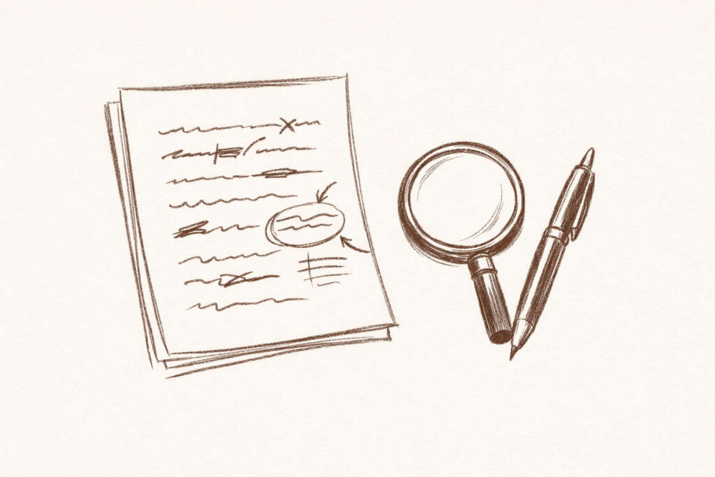 Handgezeichnete Skizze eines Manuskripts mit Korrekturspuren und Lupe als Symbol für Lektorat