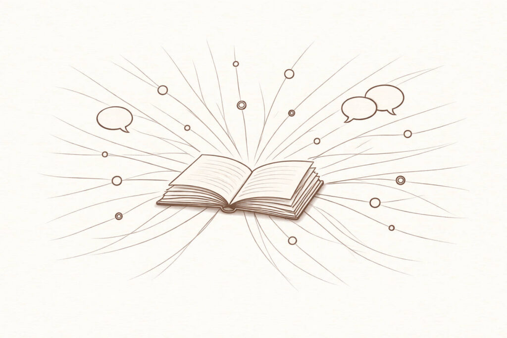 Handgezeichnete Skizze eines Buches mit feinen Linien nach außen als Symbol für Sichtbarkeit und Leser